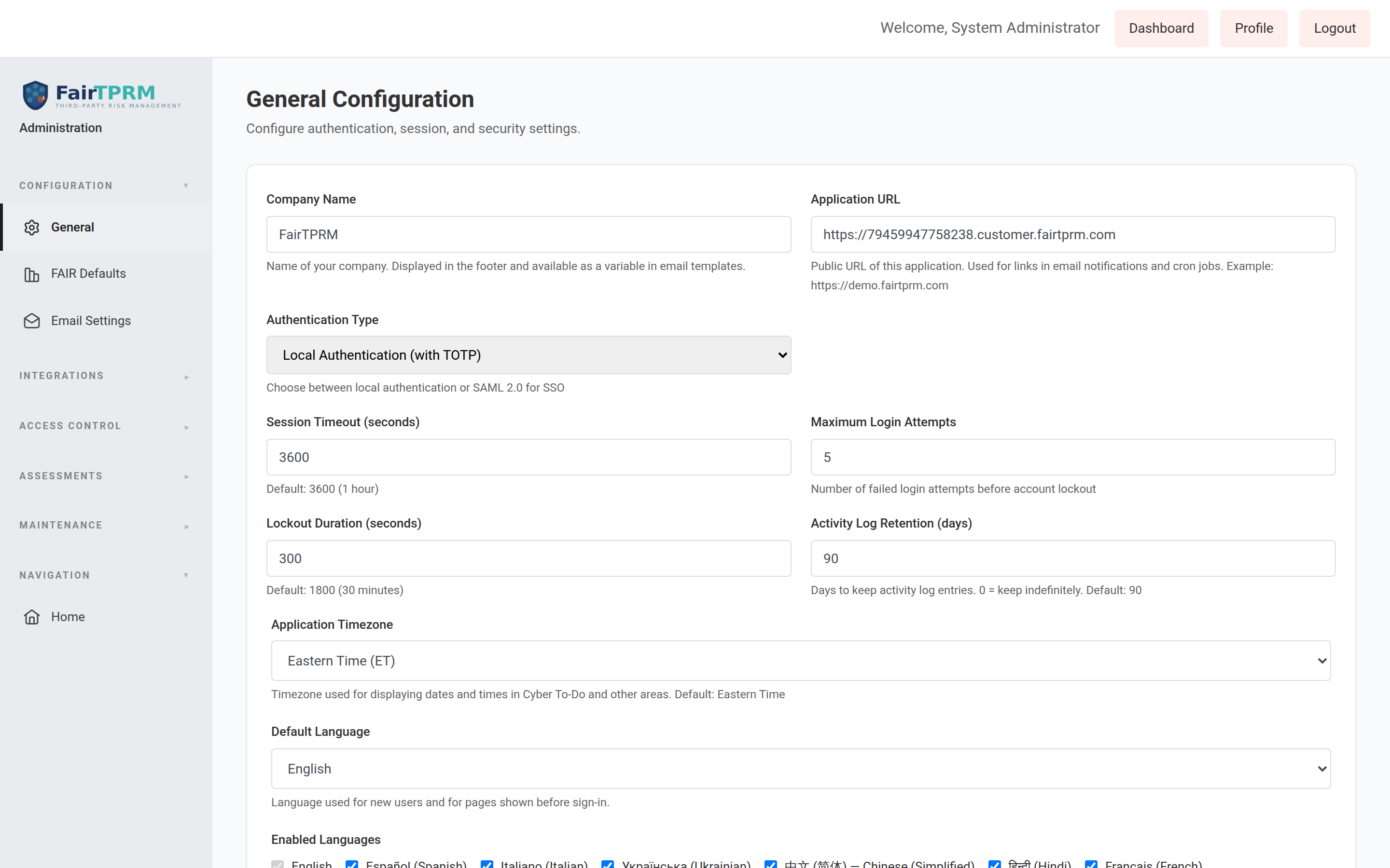 Default Language and Enabled Languages settings in Admin General