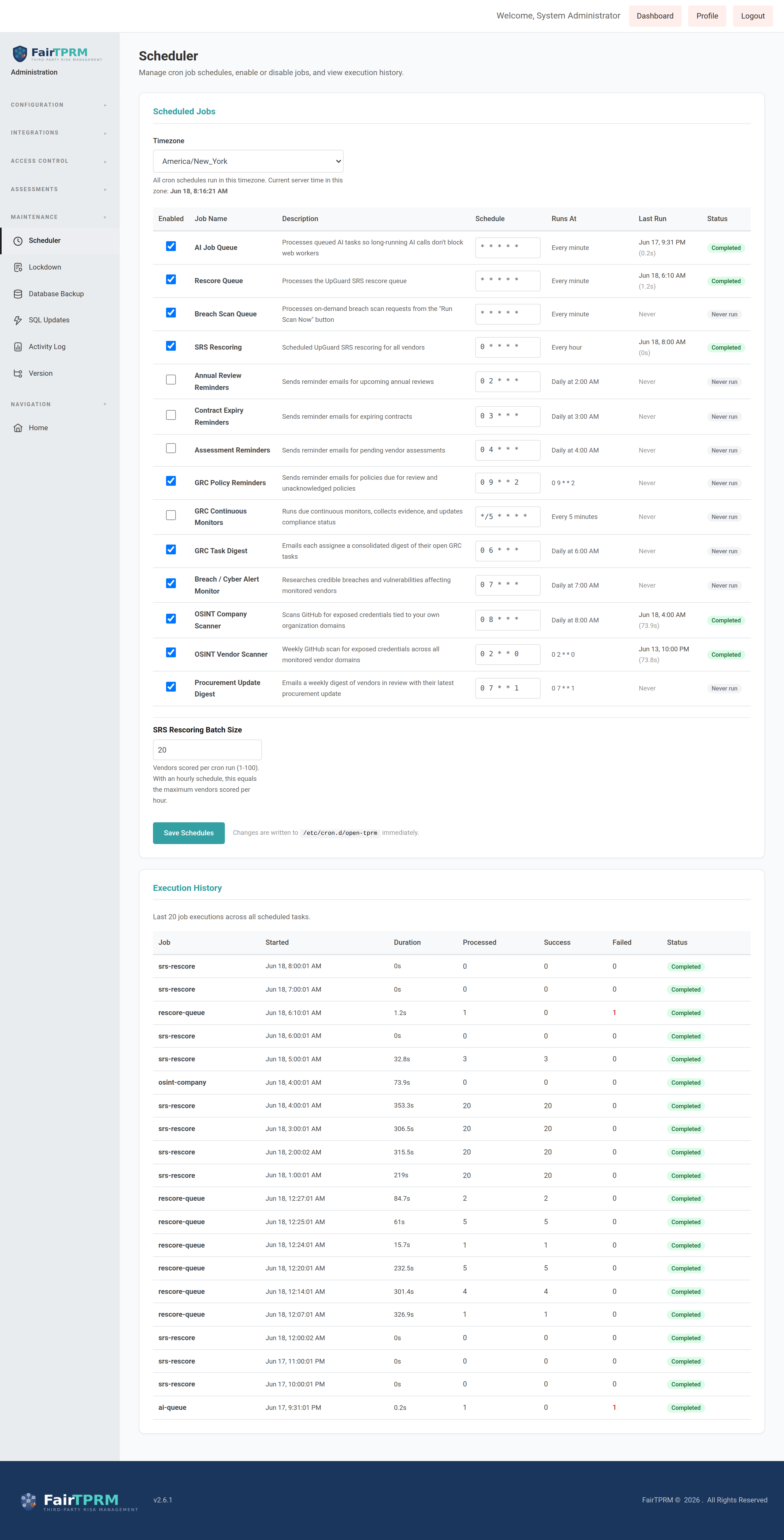 Admin Scheduler showing the Procurement Update Digest job