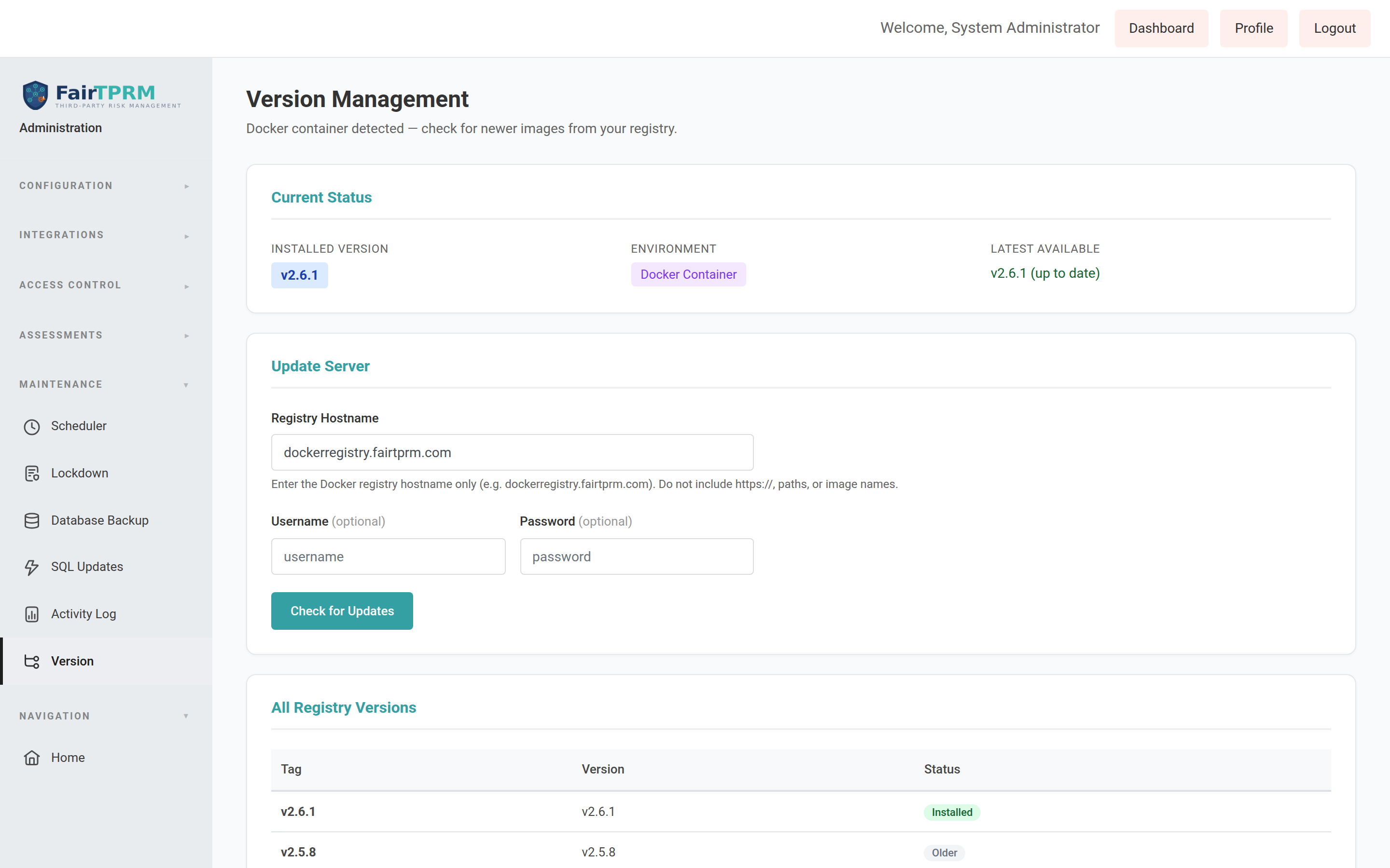 Version Management page showing installed version 2.6.1