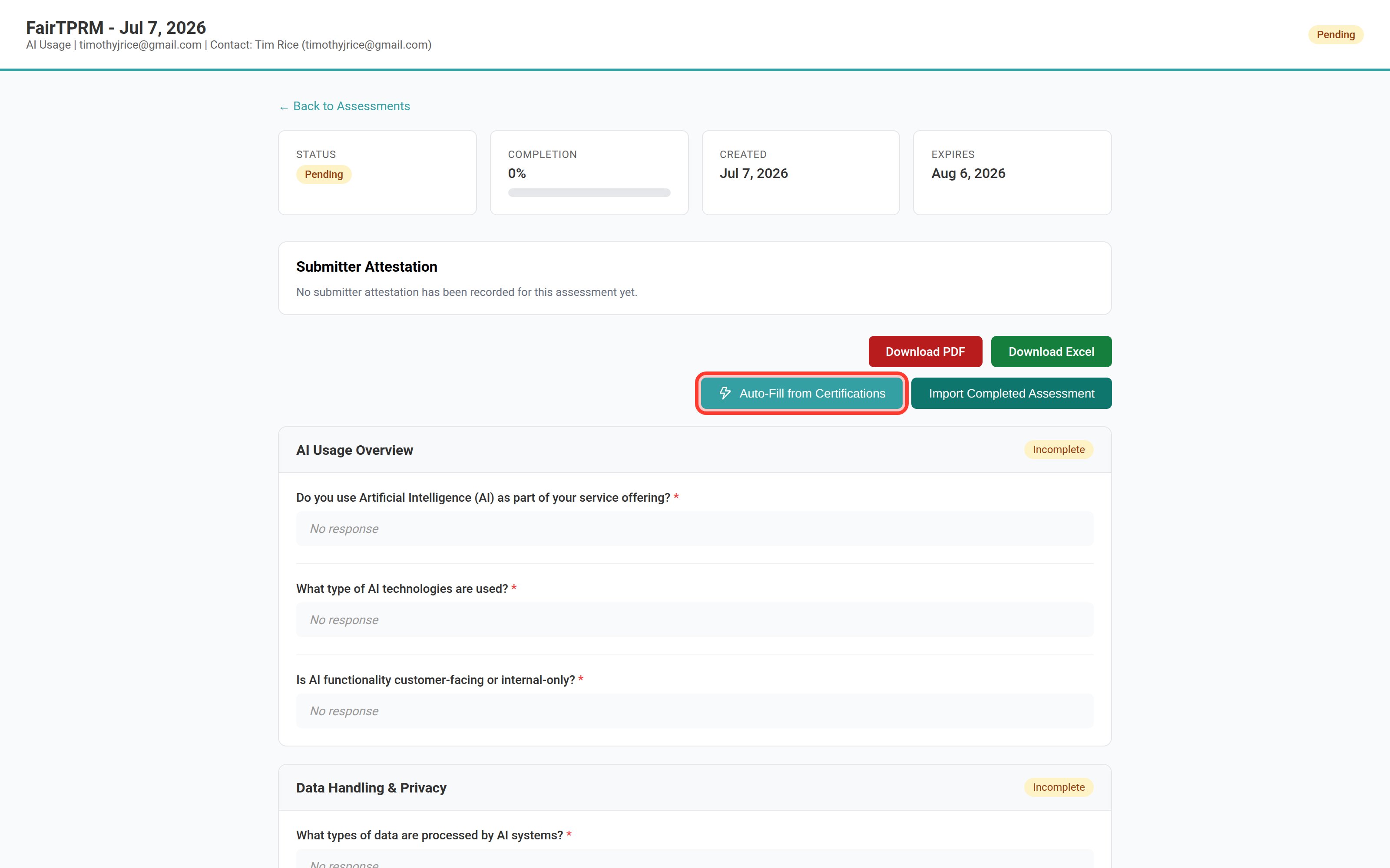 The Auto-Fill from Certifications button on a vendor assessment
