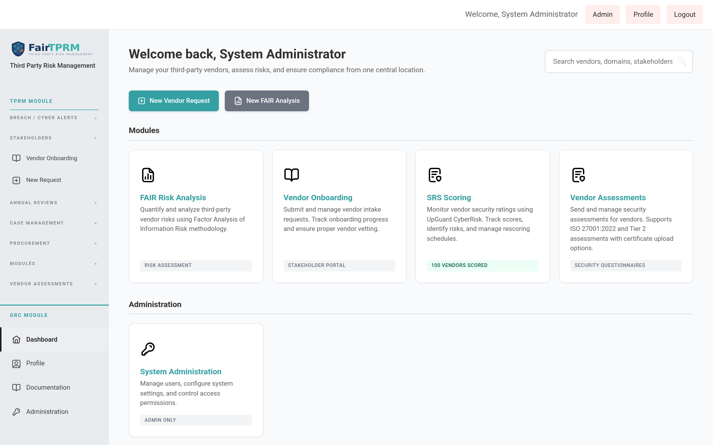The Fair TPRM platform dashboard after logging in