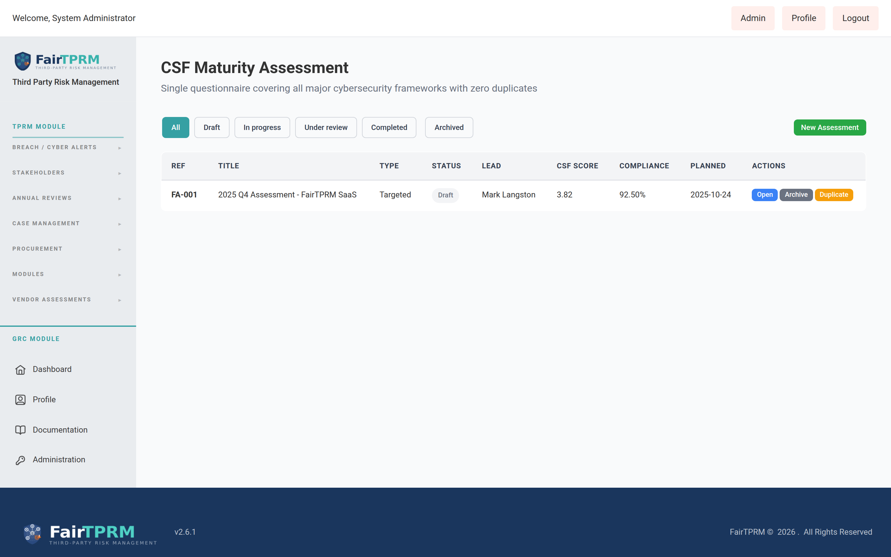 Assessment list on the Assessment Questionnaire page