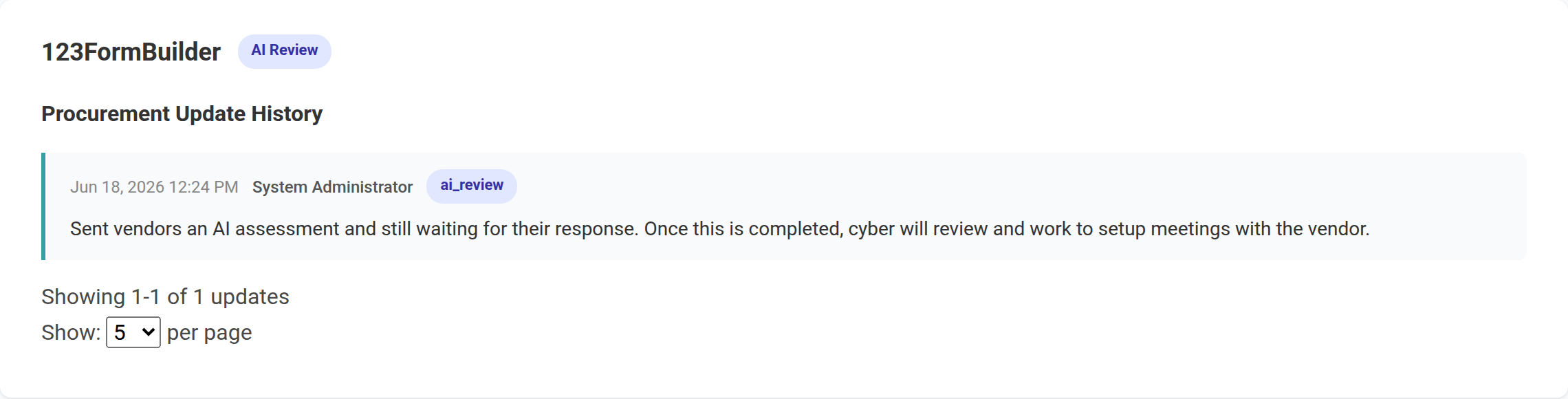 Procurement Update History for a vendor in review