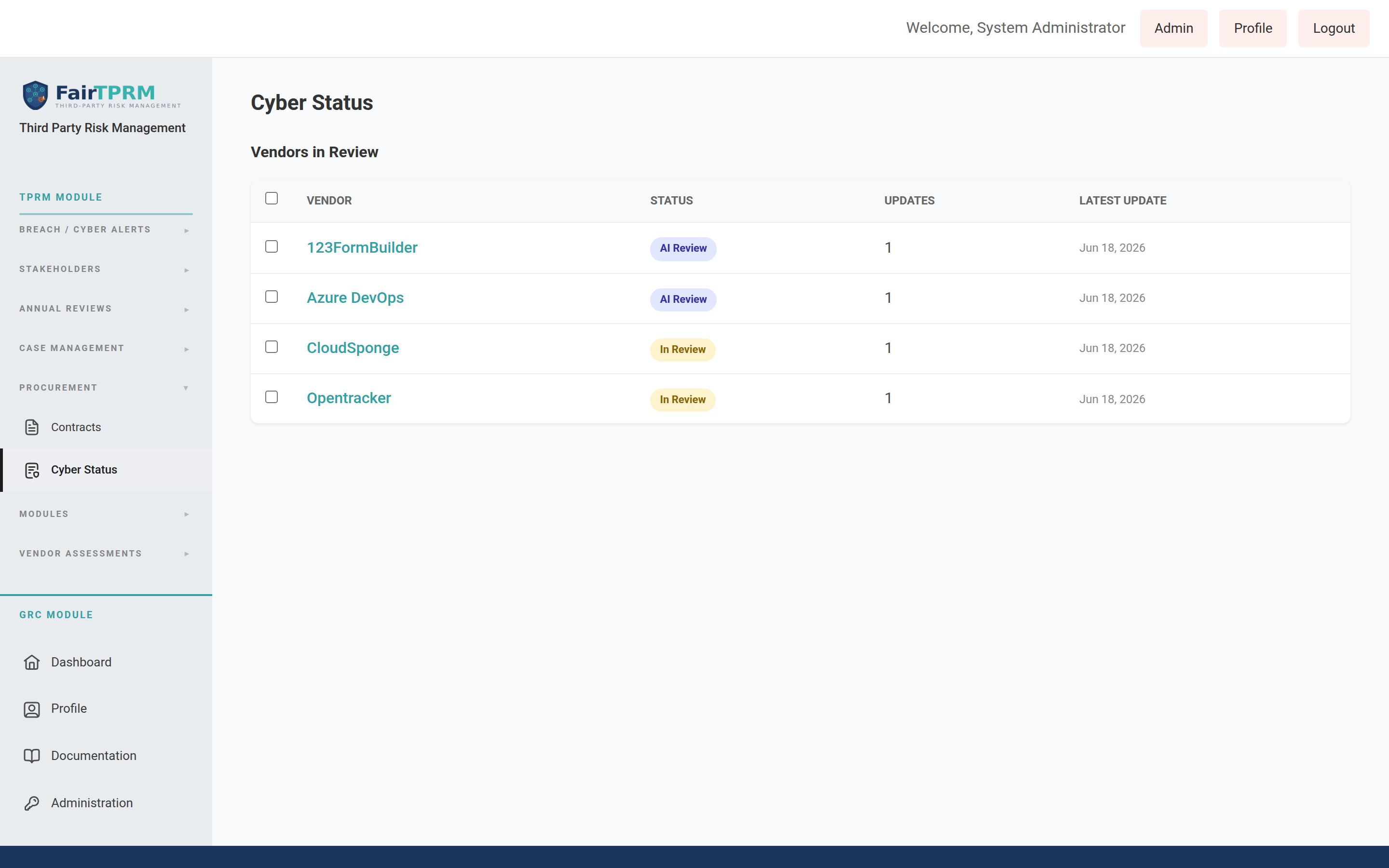 Procurement Cyber Status page
