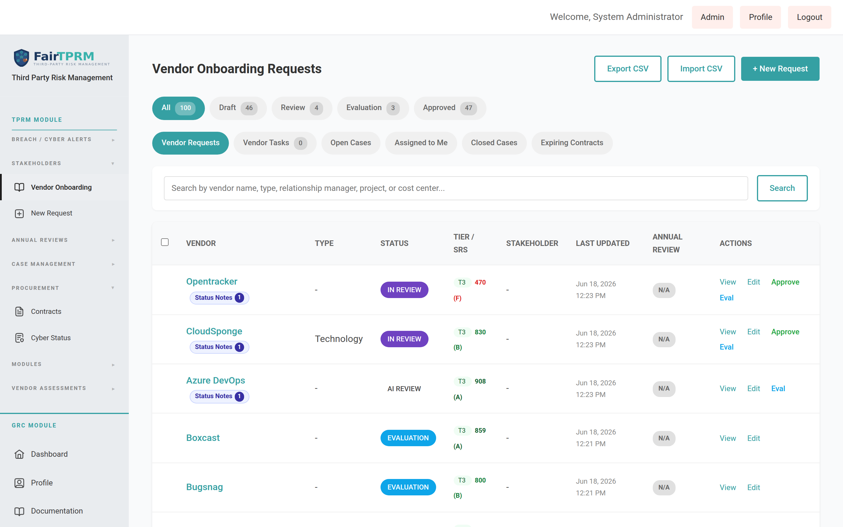 Vendor Onboarding Requests list