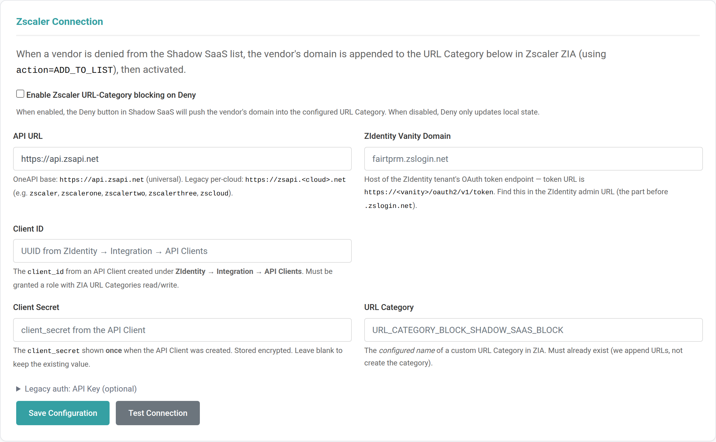 Zscaler Connection settings